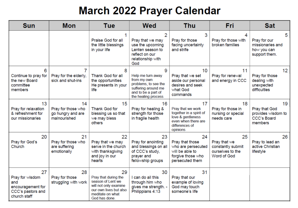 March 2022 Prayer Calendar : CCC – Chinese Community Church